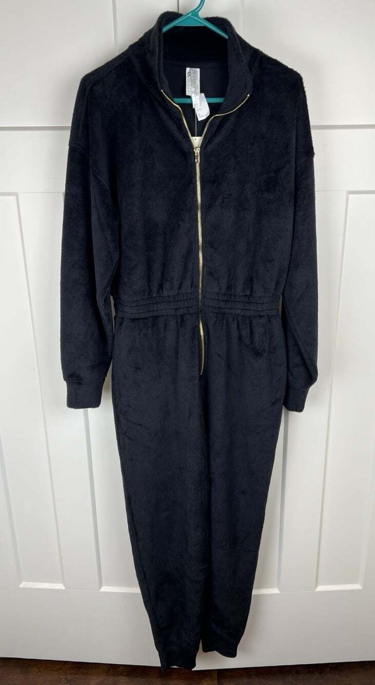 Fabletics Cozy Cord Zip Jumpsuit L NWT Black Fuzzy Plush Jogger $99.95